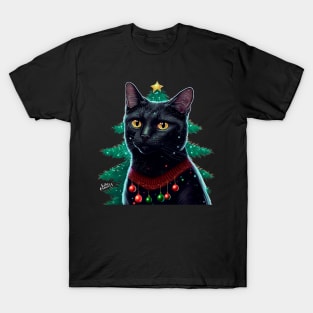 Meowy Christmas Black Cat T-Shirt